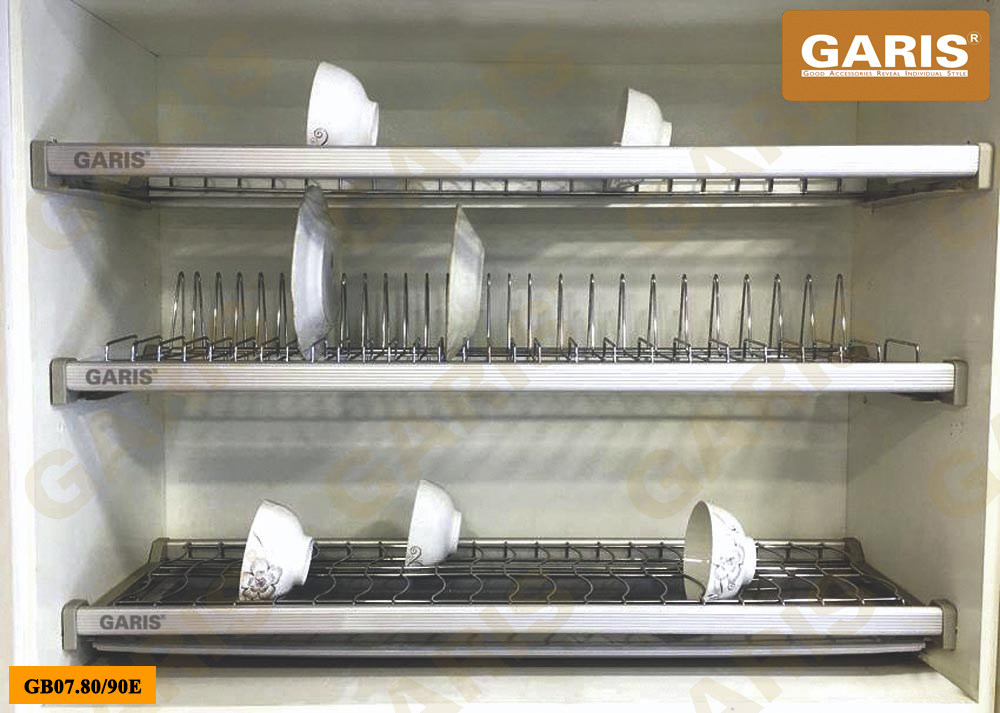 Giá bát đĩa đa năng cố định, nan tròn bề mặt điện hóa, 3 tầng, lắp tủ bếp trên