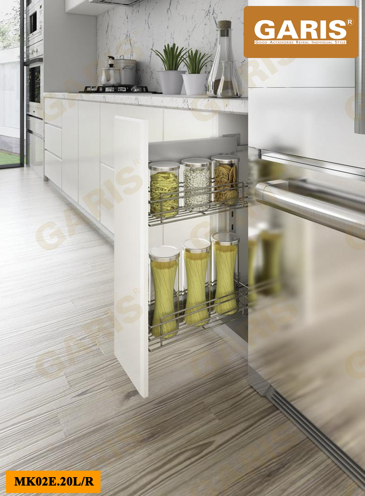 Giá gia vị, chai lọ nan tròn, bề mặt điện hóa (electrolized), dùng cho cánh kéo, bắt vách bên tủ – MK02E.20L/R