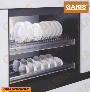 Giá bát đĩa đa năng cố định, nan tròn, bề mặt mạ chrome, 2 tầng, lắp tủ bếp trên 